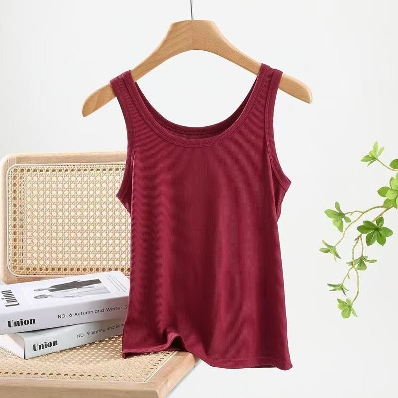 2025 Sommer-Baumwoll-Ripp-Sommer-Basishemd in normaler Farbe mit schmaler Passform für Damen, kleines Tanktop mit seitlicher Brustverdeckung 8066_voghion.com