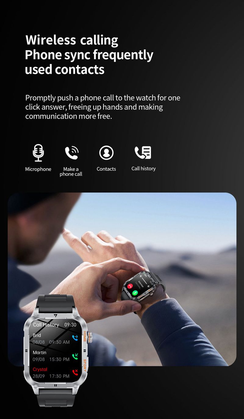Erkekler için Kare Bluetooth Saat Çok Fonksiyonlu Spor Su Geçirmez Müzik Hava Durumu Kamera Saati_voghion.com