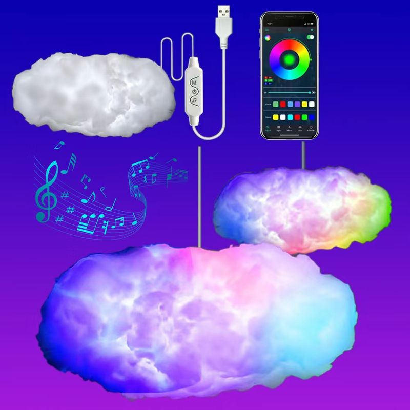 USB 3D Cloud Light Muziek Sync Warm Wit Multicolor bliksem Veranderende Strip 360° Draadloze Afstandsbediening APP voor Kinderkamer Decor_voghion.com