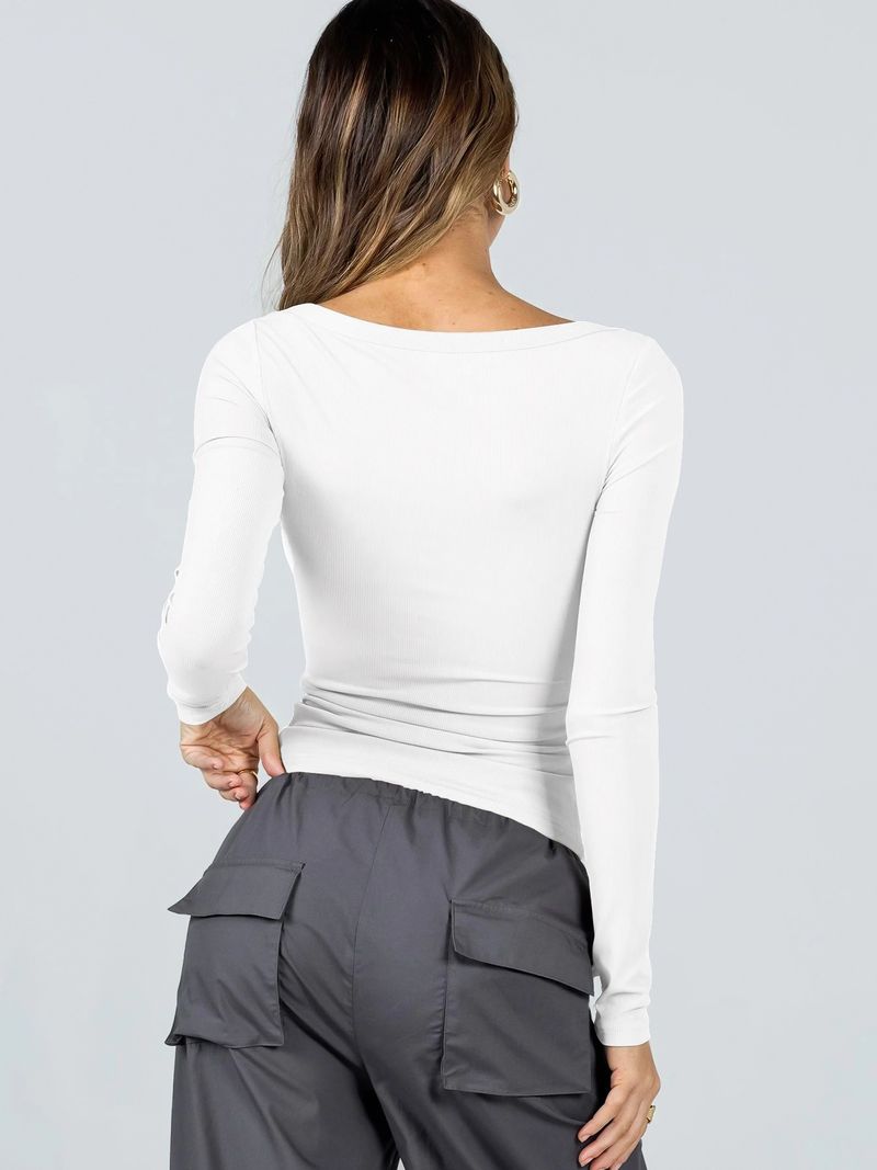 Elegante maglia a maniche lunghe con scollo a U - T-shirt elasticizzata slim fit per donna, morbido misto seta al latte, versatile capo da indossare a strati per lavoro e tempo libero_voghion.com