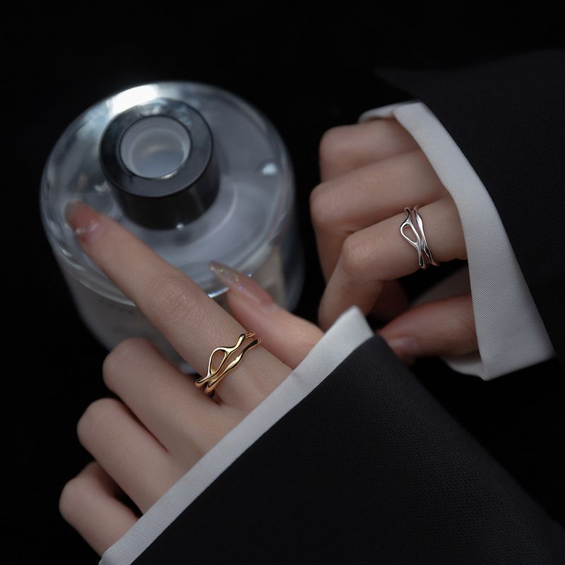 Sier Color Unregelmäßiger hohler Doppellinien-geometrischer Ring für Damen, schlichtes, einzigartiges Design, modischer, verstellbarer Schmuck_voghion.com