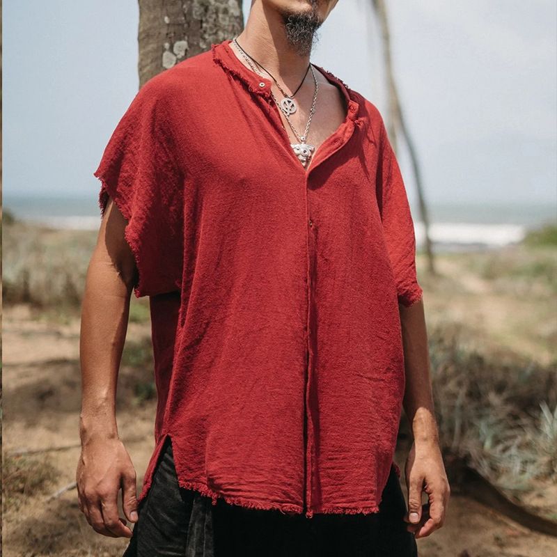 Camicia da uomo in cotone e lino a maniche corte cardigan tinta unita casual T-shirt ampia da uomo_voghion.com