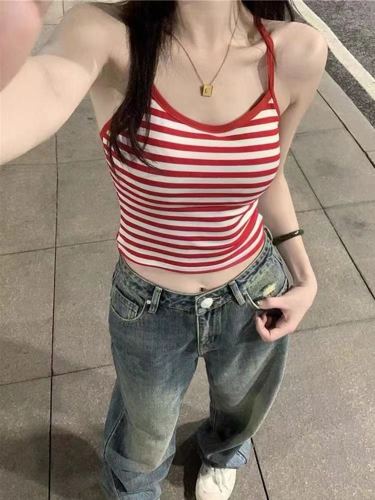 Viene fornito con imbottitura per il petto, bretelle a righe, gilet esterno, schiena corta e sottile da donna, top senza maniche estivo Spice Girl_voghion.com