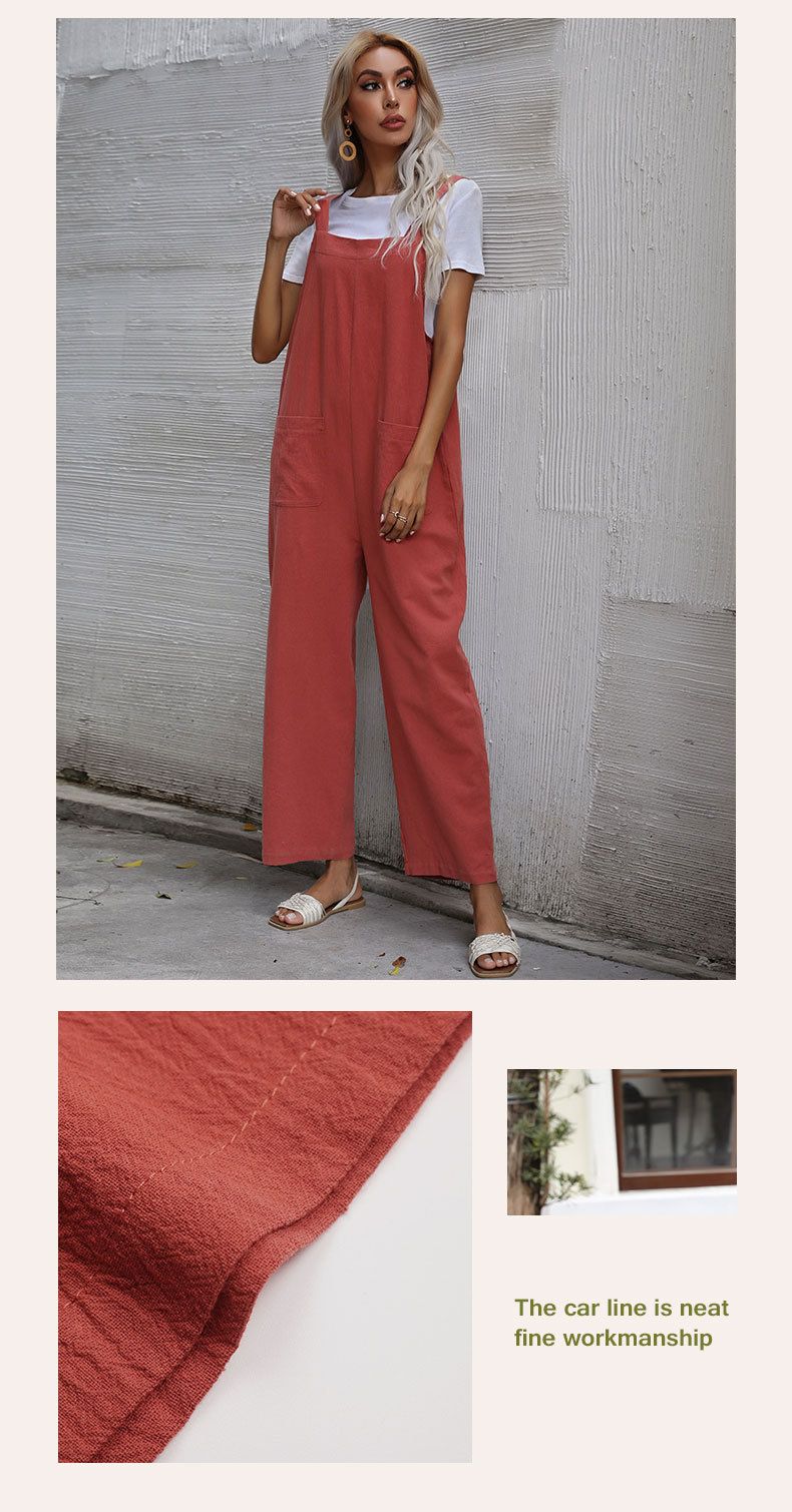 Mono de tirantes sin mangas de color liso de lino y algodón para mujer_voghion.com