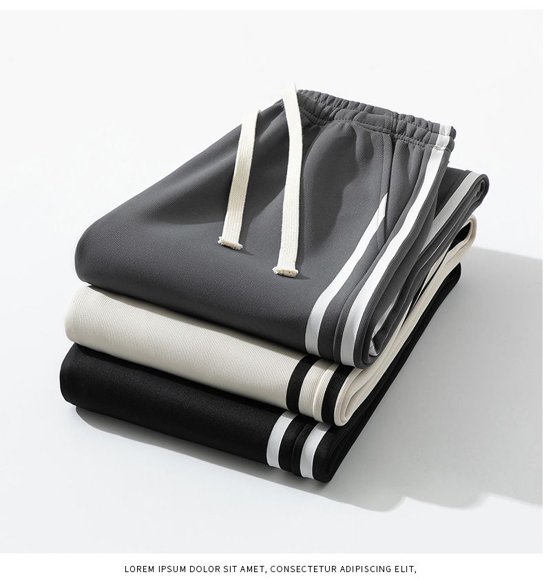 Pantalon décontracté pour homme - Pantalon de survêtement coupe décontractée, coupe droite, avec revers tombants et rayures (noir, gris foncé, kaki clair)_voghion.com