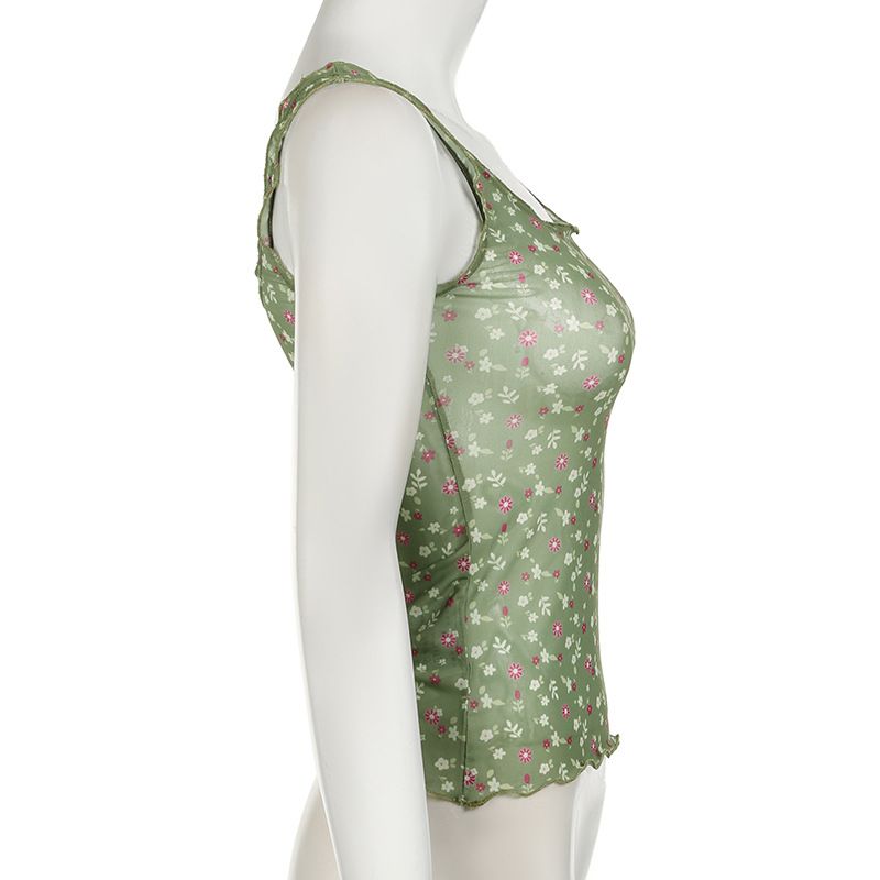 2024 Frühjahr/Sommer Neues Mädchen Frisches fragmentiertes Blumenfarbkontrast-Netz-Perspektive-Sling-Tanktop mit quadratischem Ausschnitt_voghion.com