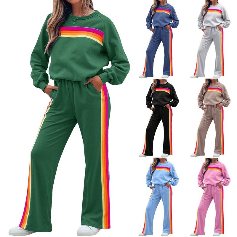 Felpa arcobaleno spessa e foderata in pile da donna, invernale, due pezzi, a maniche lunghe e gambe lunghe_voghion.com