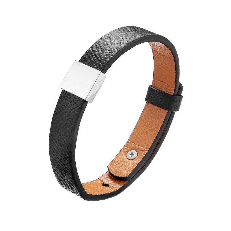 Unisex Genuine Simple Stainless Steel Smooth Surface Customizable Engraving Cowhide DIY Leather Bracelet_voghion.com