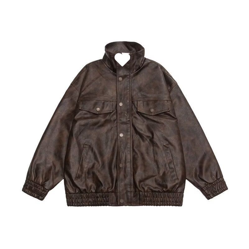 Suitable For All Seasons Maillard Embossed PU Leather Motorcycle Jacket For Men, Spring And Autumn Season, Trendy Stand Collar, Stylish Casual_voghion.com