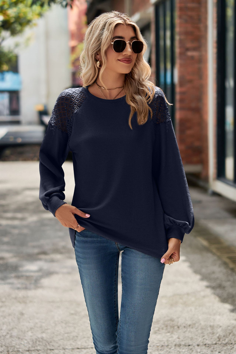 Damkläder Långärmad spetspanel Rundhalsad Lös T-shirt Toppar_voghion.com
