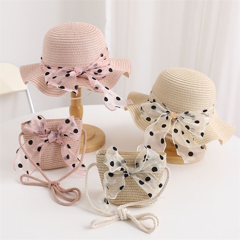 Nuovo set di cappelli e borse parasole con fiocco coreano a pois e onde di paglia per bambini, dolce e carino_voghion.com