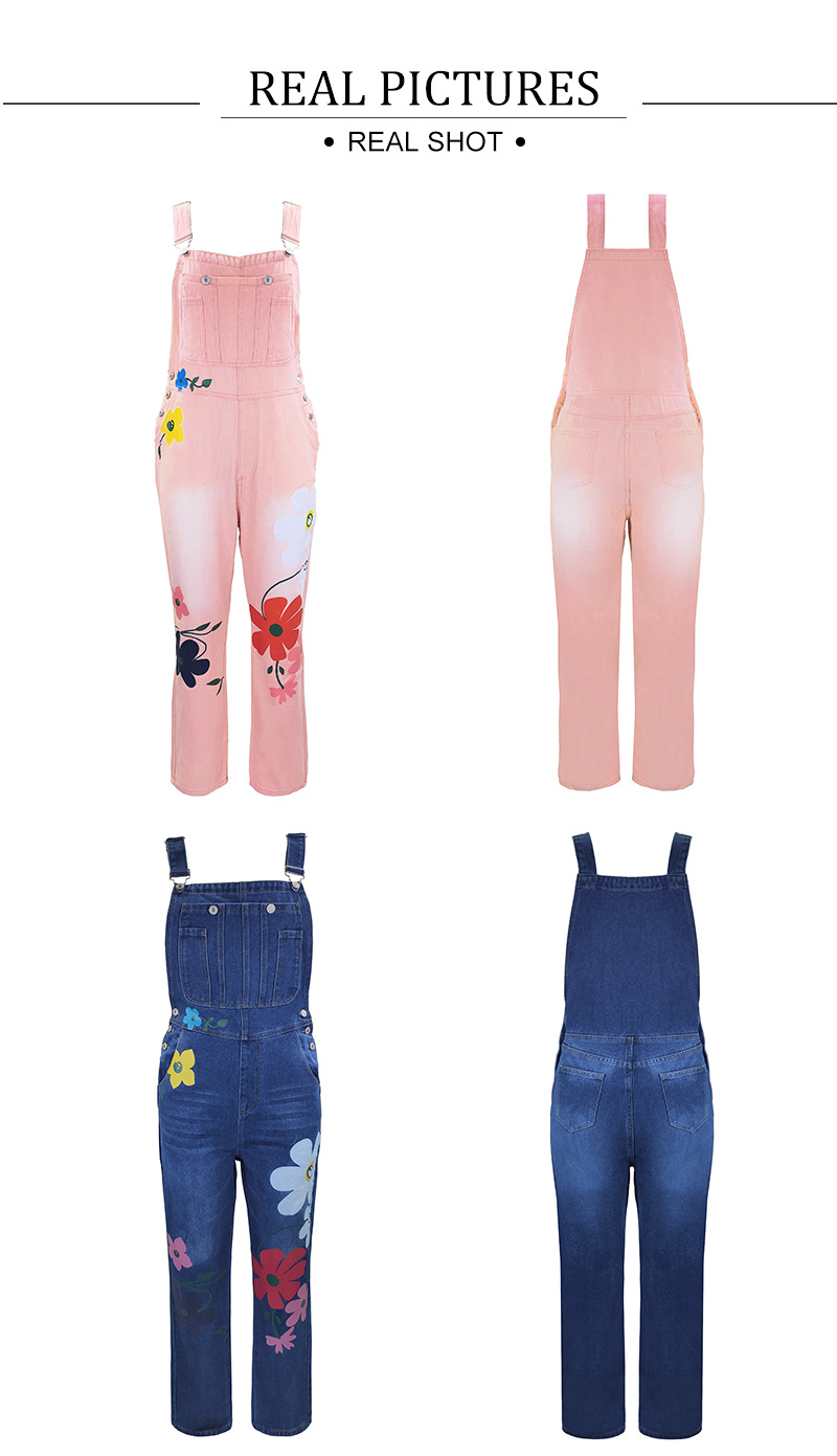 Calça feminina estampada com alças florais halter jeans_voghion.com