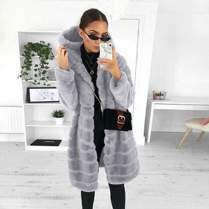 Nuovo cappotto largo in pelliccia di coniglio con cappuccio e tasche laterali per donna, autunno/inverno_voghion.com
