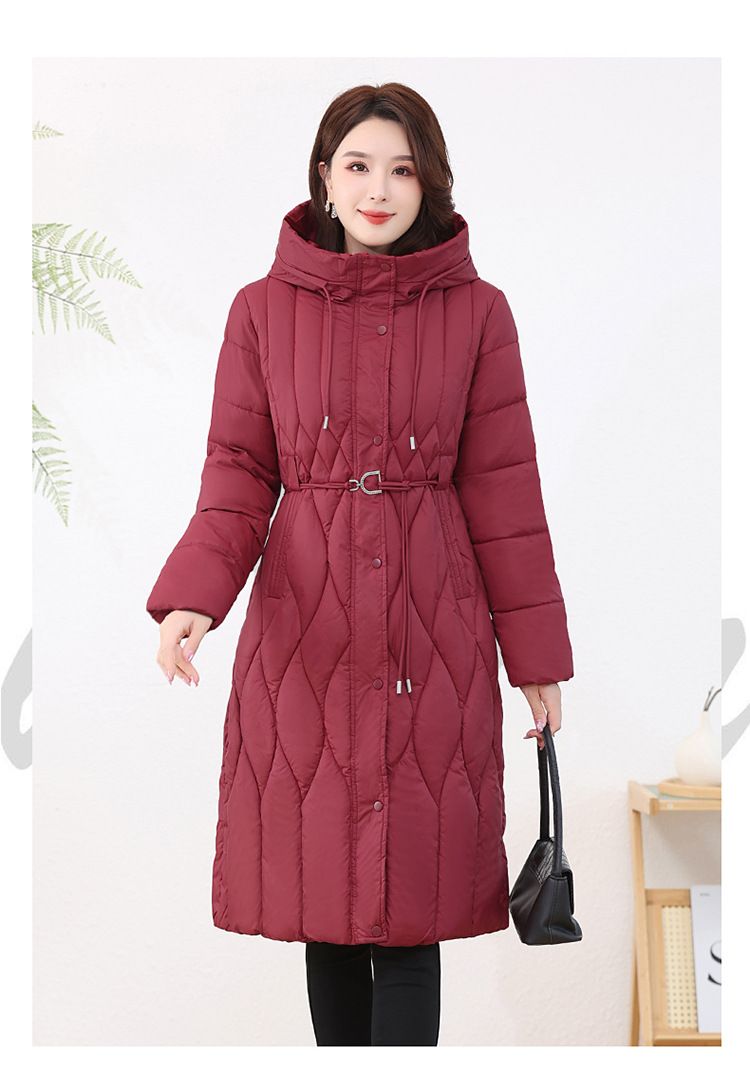 Lange winterjas met capuchon voor dames, tailleband met ceintuur, konijnenbont, knielange gewatteerde jas voor koud weer - zwart, wit, bruin, rood_voghion.com