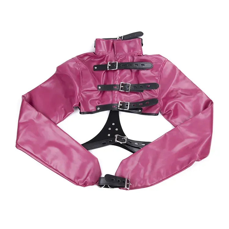 Women Black Red Sexy Open Breast Cupless Leather Bondage Strait Top Women's Restraint Straight Jacket Halloween Costume_voghion.com