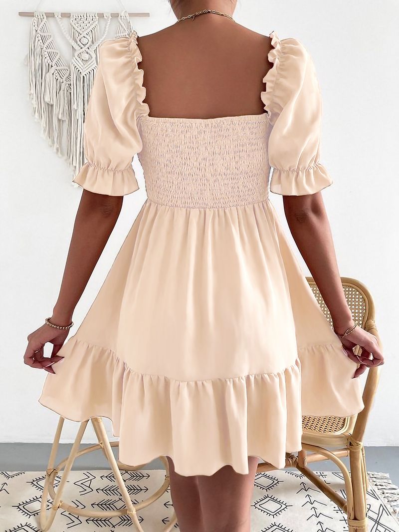 Square Collar Ruffled Short Sleeve High Waist Tight Fit Commuter Dress_voghion.com