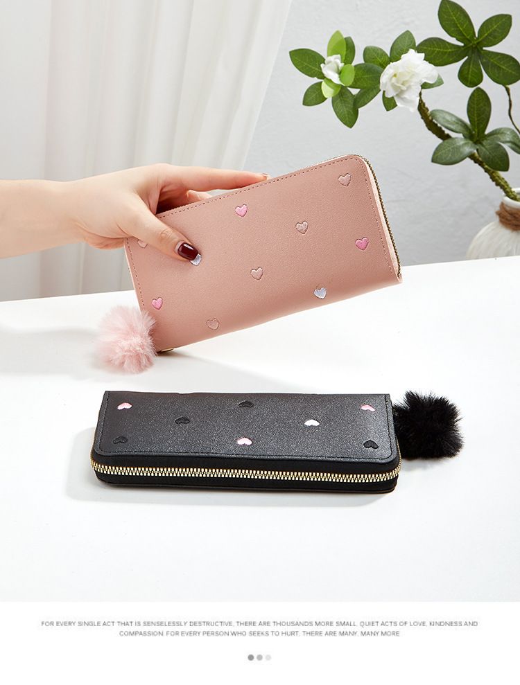 Women's Long Zip Wallet With Heart Embroidery - Fashionable Slim Clutch Purse (Multiple Card Slots, RFID Protection)_voghion.com