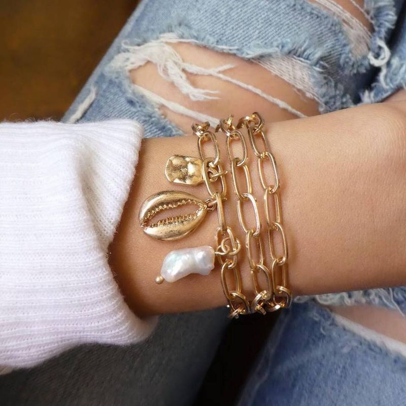 Bohemian Natural Irregular Pearl Gold Plated Shell Bracelet Set of 3_voghion.com
