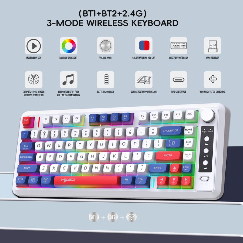 Three Mode Bluetooth Wireless Thin Film Keyboard Double Color Ball Cap 81 Keys Rechargeable Flashing Office Game Keyboard Spot_voghion.com