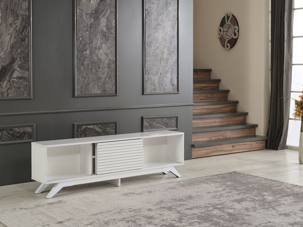 FurnisHome Store Luxia Mid Century Modern Tv Stand 2 Sliding Door Cabinet 2 Shelves 67 Inch Tv Uni, White_voghion.com