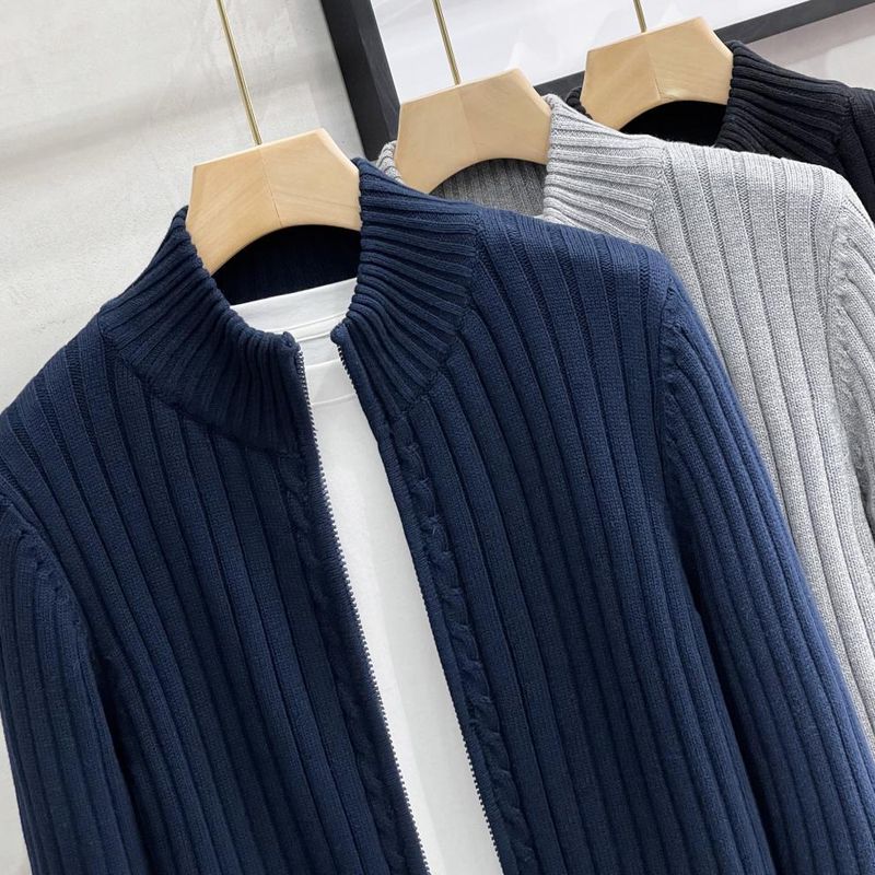 Cardigan de style américain pour homme, couleur unie, version coréenne, fermeture éclair, vêtement d'extérieur, pull tricoté décontracté, automne-hiver_voghion.com