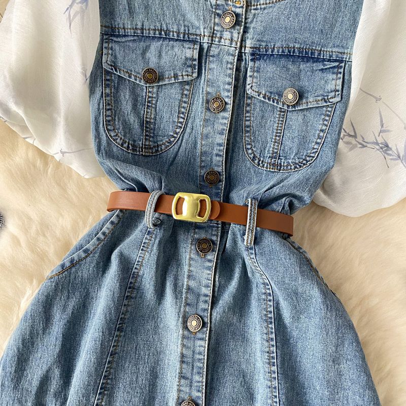 Women's summer new style design square collar puff sleeves splicing age-reducing fashion denim long skirt_voghion.com