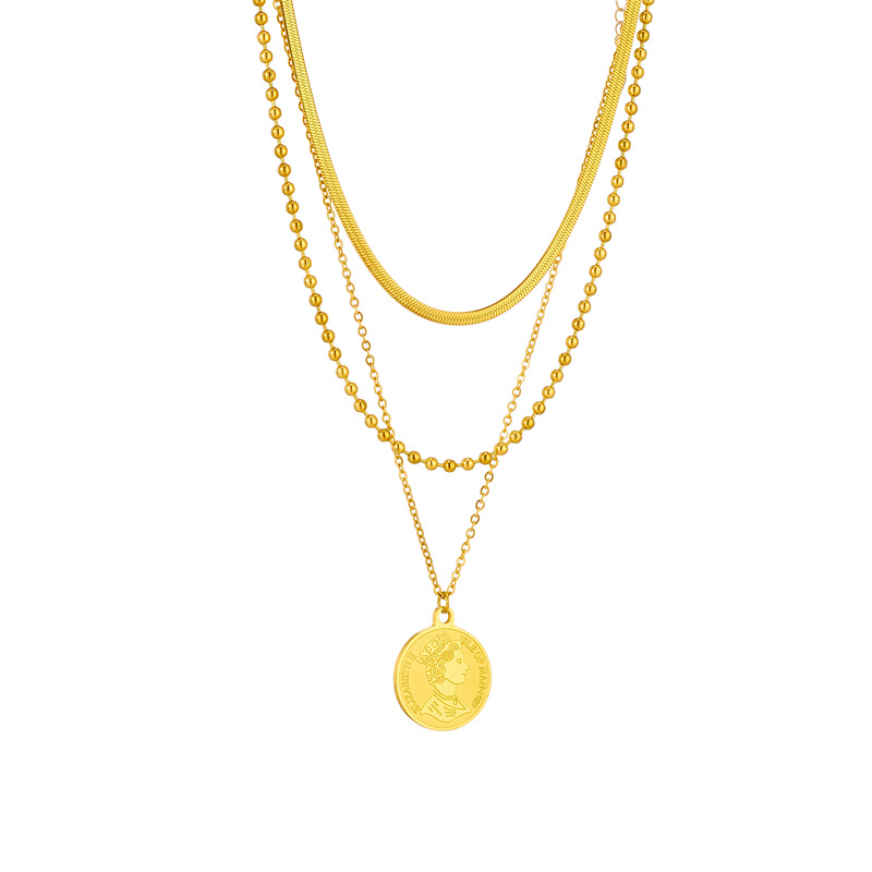 Niche design fashion creative personality versatile multi-layer chain bead chain round plate Queen's head pendant jewelry necklace_voghion.com