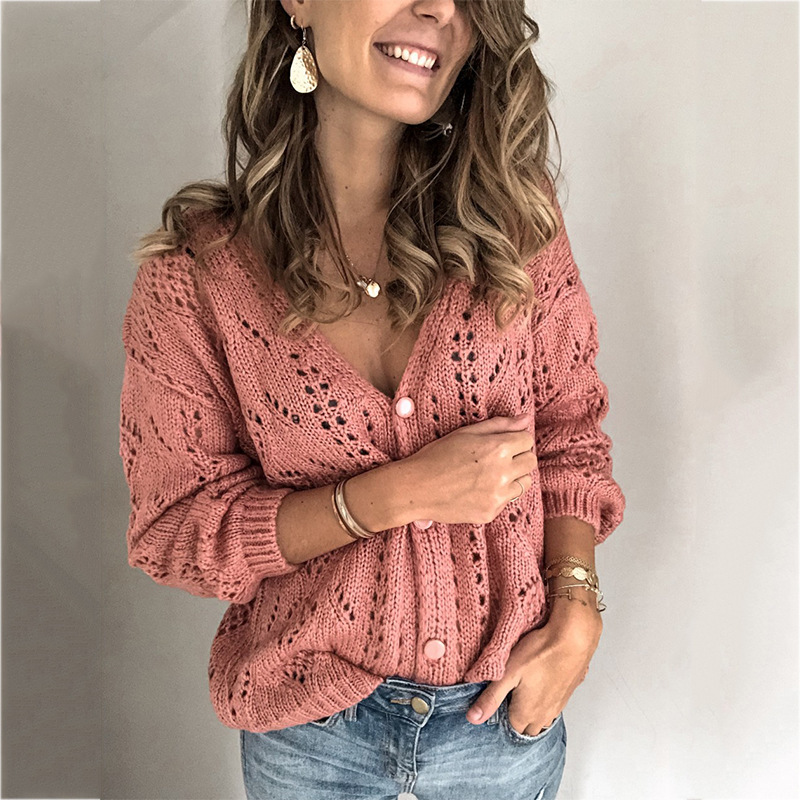 Cardigan maglione da donna per maglione da donna con scollo a V cavo in tinta unita_voghion.com