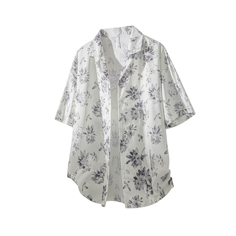 CT Ice Silk Short Sleeve Cuban Collar Shirt For Men 2025 Summer New Hawaiian Style Trendy Printed Loose Jacket_voghion.com