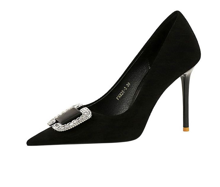 825-K69 Koreansk Mode Banquet Høje Slanke Hæle Dame Ruskind Lav Spids Mund Metal Vand Diamant Spænde Enkel_voghion.com