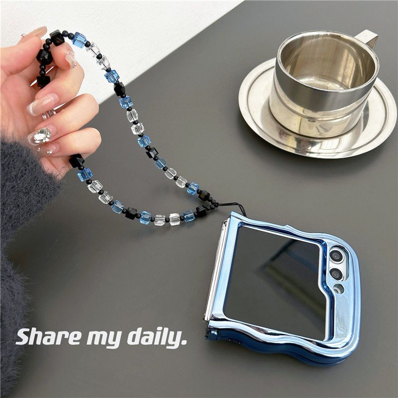 Suitable For Samsung Z Flip 5/4/3 Case With 3D Gem Heart – Cute TPU Shockproof Cover + Detachable Chain (Grey/Blue) – Trendy Flip Phone Accessory_voghion.com