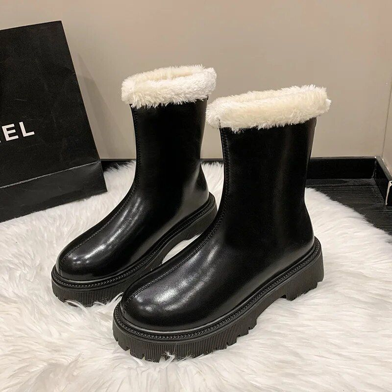 New Women's Leather High-top Snow Pile Warm And Comfortable Solid Color Boots, Fashion Boots_voghion.com