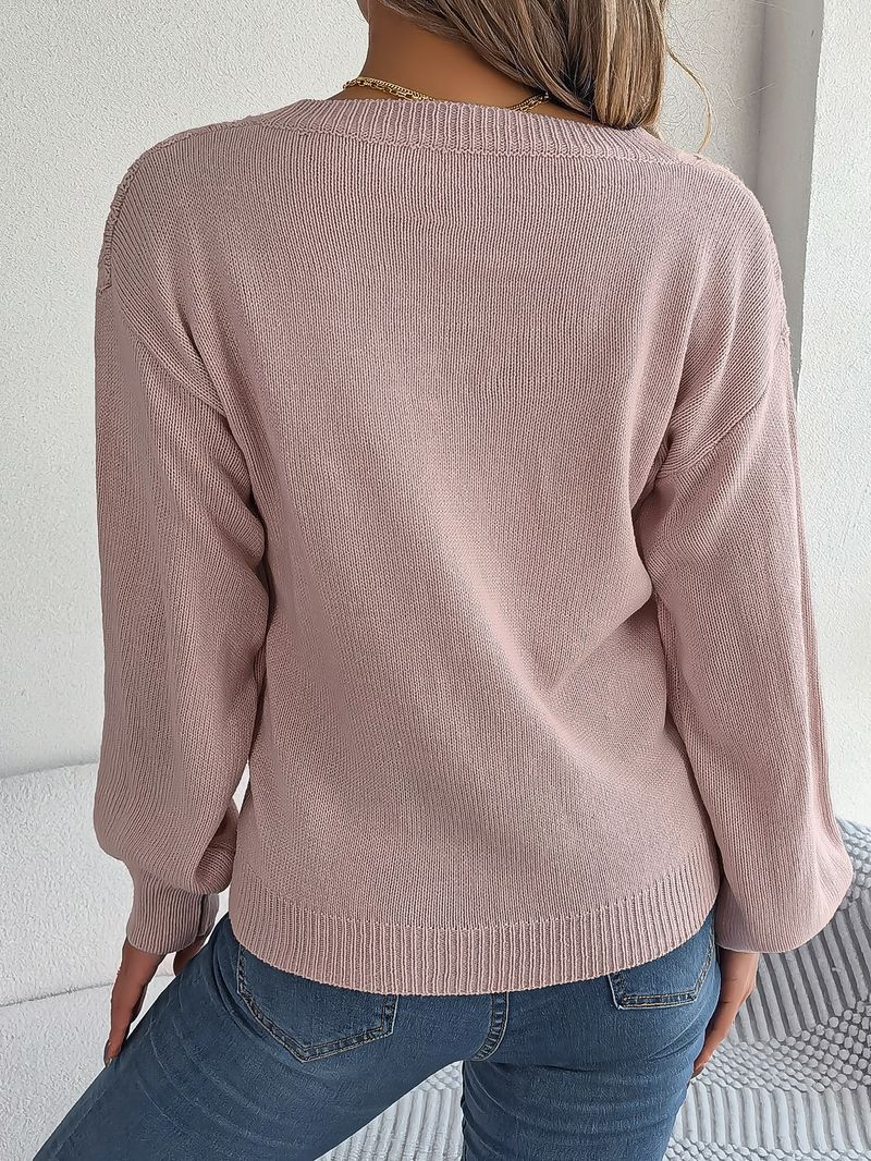 Maglione pullover con maniche a lanterna intrecciate e bottoni casual stile autunno inverno per donna_voghion.com