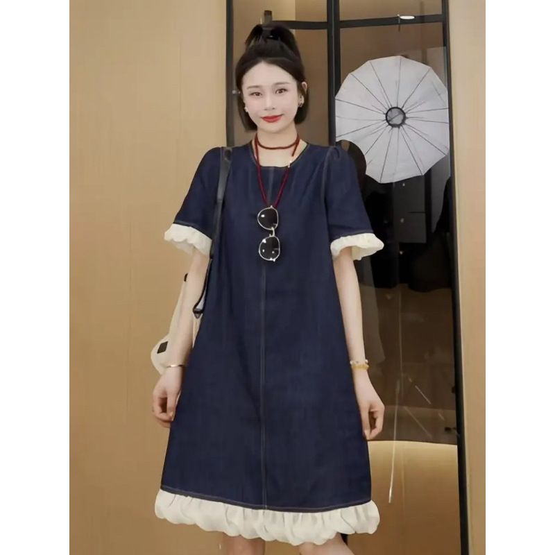 Abito in denim patchwork sottile premium per donna nell'estate 2025, gonna a trapezio alla moda e snellente_voghion.com