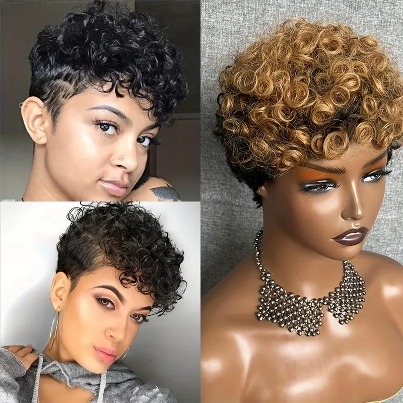 Afro kovrčava kratka bob ombre perika u boji sa šiškama, afričke pahuljaste perike od ljudske kose pixie kroja za žene_voghion.com