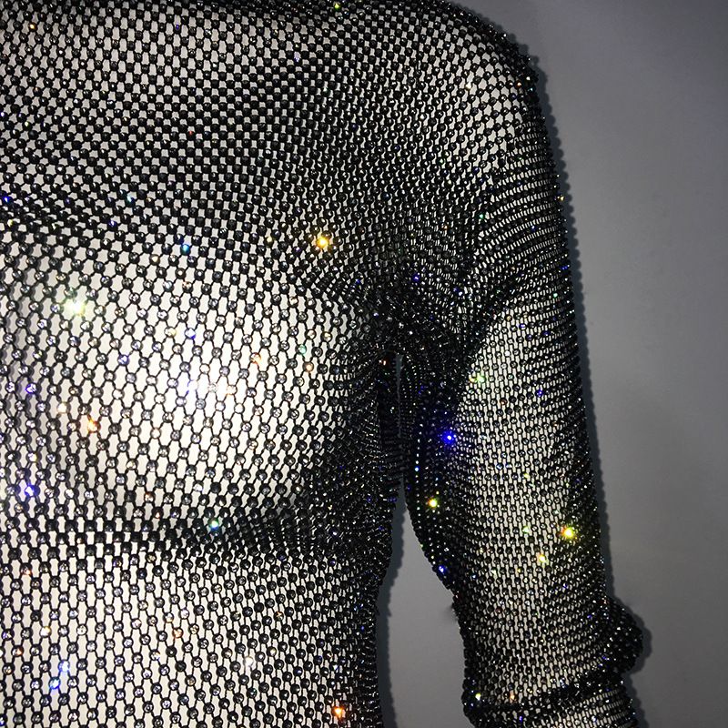 Maglietta da pesca con strass, a maniche lunghe, girocollo, leggera e di lusso, da donna, con look scintillante, alla moda e di tendenza._voghion.com