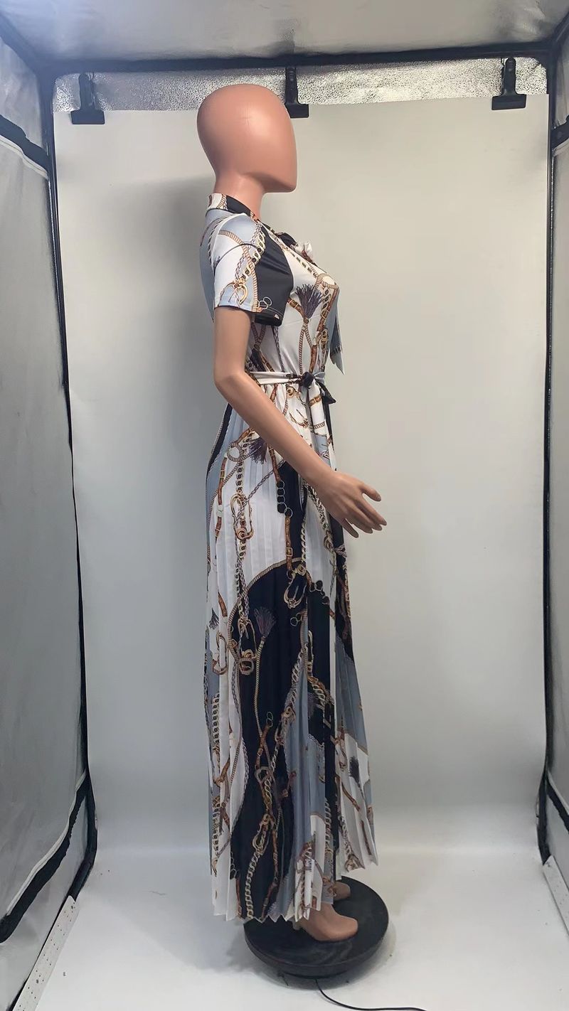 Women's short-sleeved printed pleated straps long skirt plus size _voghion.com