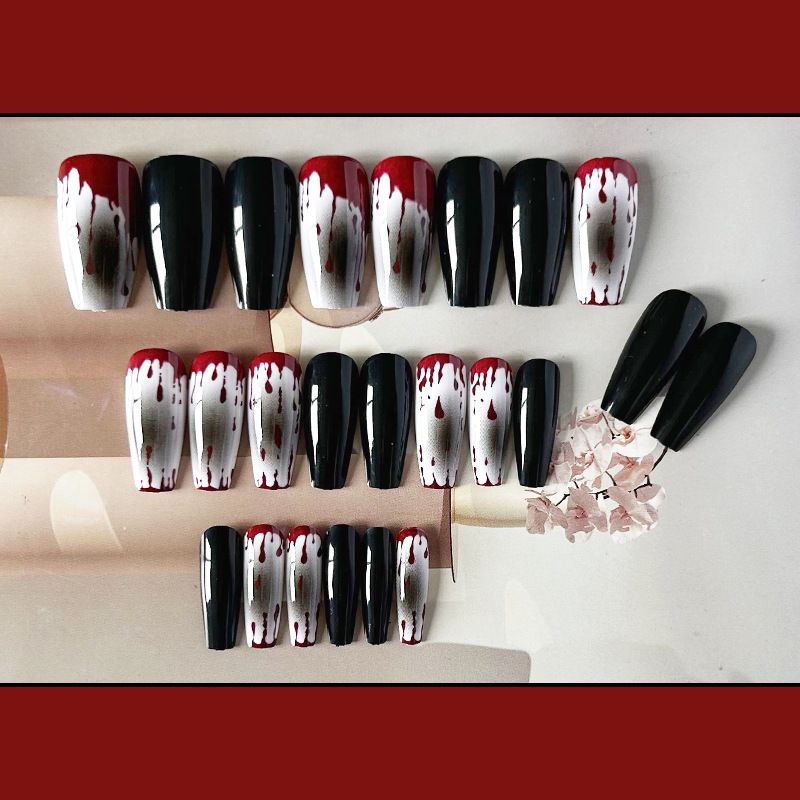 Masque à ongles avec goutte de sang pour Halloween Patch à ongles noir Patch à ongles Édition longue Patch à ongles européen et américain Produit fini_voghion.com