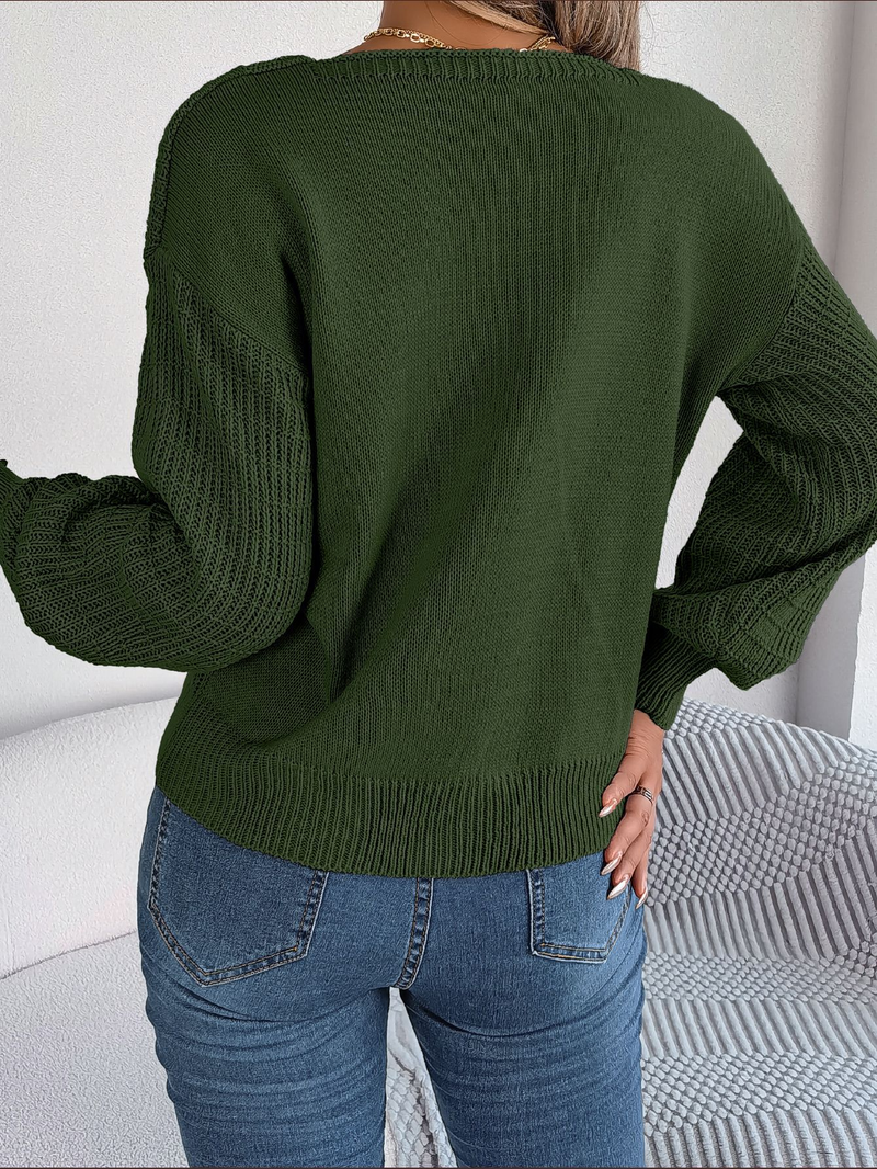 Maglione pullover casual in maglia a trecce con maniche a lanterna, scollo quadrato, tinta unita, autunno inverno 2024_voghion.com