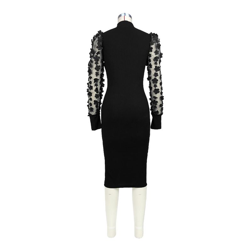 Abbigliamento da donna Elegante abito a coste con maniche in rete floreale e colletto a petalo 3D per donna_voghion.com