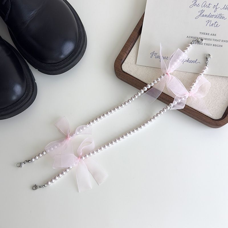 Lace Mesh Bow Pearl Beaded Shoe Buckle Heel Chain Shoe Buckle Accessories Beaded Pendant Decoration Shoe Decoration_voghion.com