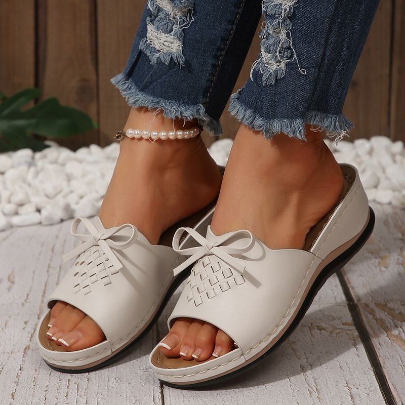 Women's Shoes Round Toe Sandals For Women With Stitching Wedge Heels And Bowknot Comfortable Large Size Sandals_voghion.com