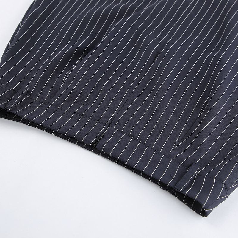 Autumn Winter Rro Navy Blue Striped V-Neck Waist-Cinching Blazer Short A-Line Skirt Women's Fashion Casual Two-Piece_voghion.com