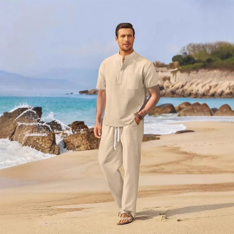 Ensemble pantalon ample décontracté en coton et manches courtes pour hommes printemps/été 2025_voghion.com