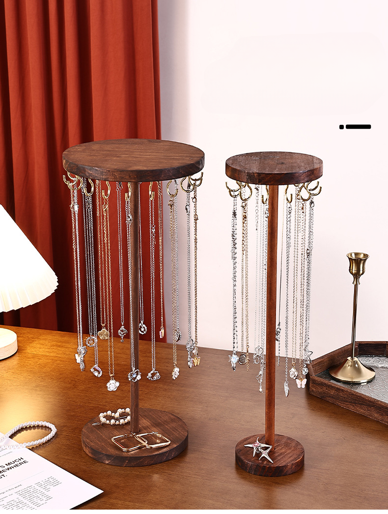 Walnut Color Creative Round Hook Necklace Display Sweater Chain Stall Live Streaming Jewelry Stand Solid Wood_voghion.com