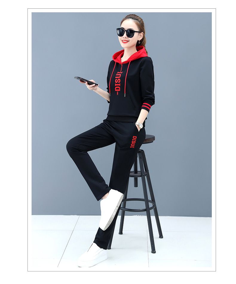 Conjunto feminino oversized com moletom e calça jogger – Poliéster leve, roupa de descanso estampada (M-3XL, Preto/Vermelho/Marrom)_voghion.com