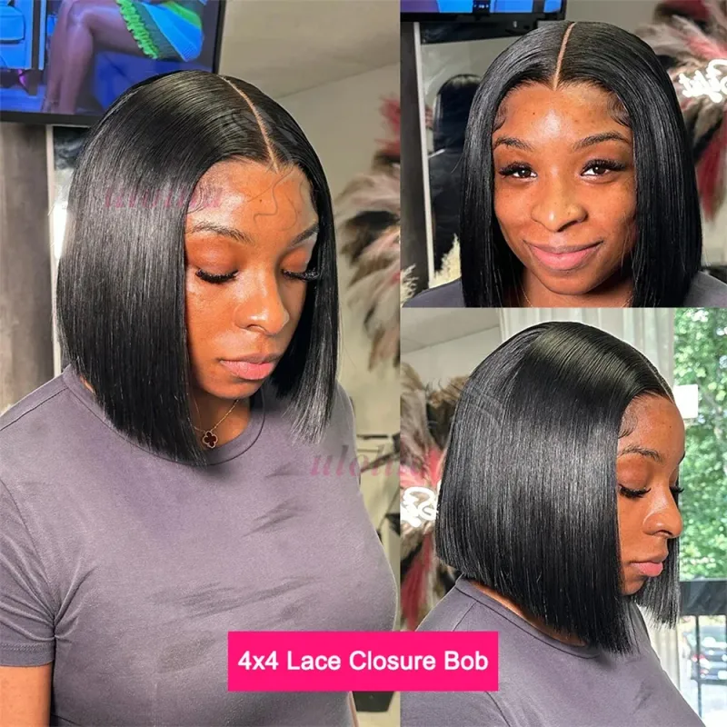 Kort Bob Paryk Brasiliansk Hår Glat Ægte Hår Lace Frontal Parykker Til Kvinder 13x4 HD Lace Parykker Ægte Hår_voghion.com