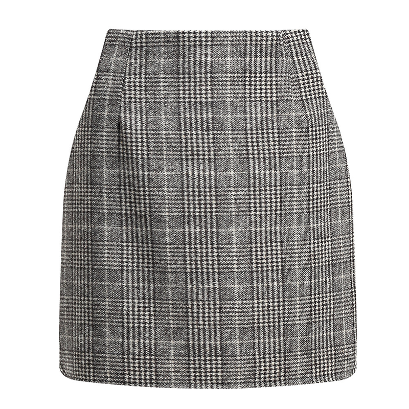 Damesmode geruite rok met hoge taille, strakke potloodwollen minirok_voghion.com