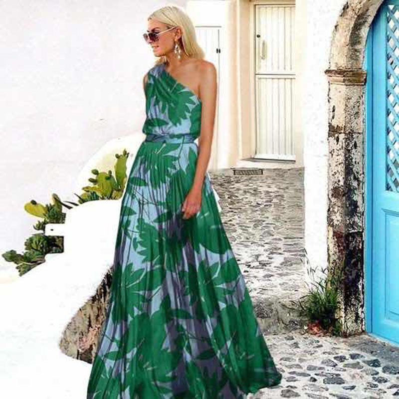 Dammekleeder Leaf Splicing Moud Off-Shoulder Printed Laang Kleed_voghion.com
