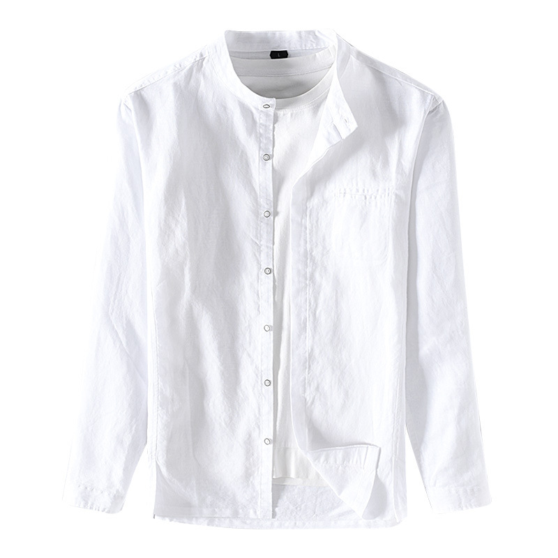 Camicia da uomo a maniche lunghe in tinta unita per il tempo libero da lavoro primaverile. Camicia da uomo in cotone e lino con colletto ribaltabile_voghion.com
